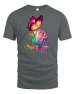 Colorful Butterfly and Melting Rose Art Graphic Tee Dreamy Tshirt - gray t-shirt on white background