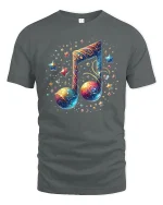 Galaxy Music Note Starry Art Graphic Tee Cosmic Sound Tshirt - gray t-shirt on white background