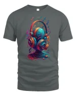 Colorful Music Headphones Art Graphic Tee Rhythm Sound Tshirt - gray t-shirt on white background