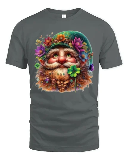 Lucky Irish Gnome Floral Beard Art Graphic Tee Whimsical Tshirt - gray t-shirt on white background