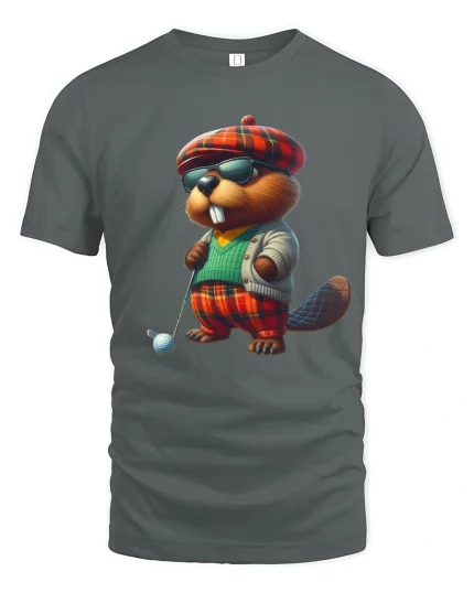 Cool Beaver Golfer Cartoon Graphic Tee Funny Stylish T Shirt - gray t-shirt on white background