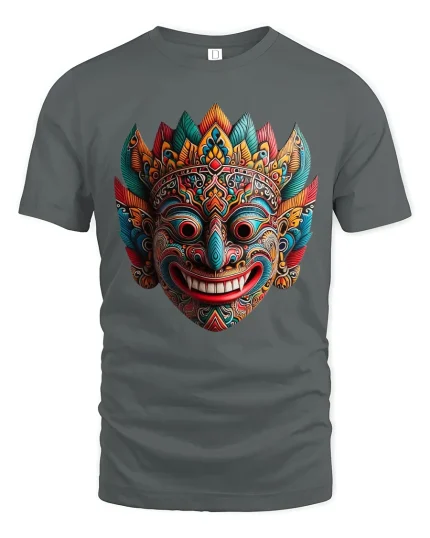 Colorful Tribal Mask Art Graphic Tee Cultural Statement T Shirt - gray t-shirt on white background
