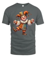 Happy Jester Clown Character Graphic Tee Whimsical Art Tshirt - gray t-shirt on white background