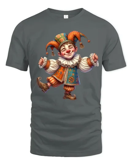 Happy Jester Clown Character Graphic Tee Whimsical Art Tshirt - gray t-shirt on white background