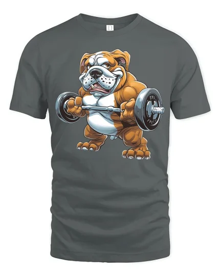 Strong Bulldog Weightlifting Graphic Tee Funny Gym Dog Tshirt - gray t-shirt on white background
