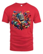 Colorful Music Explosion Microphone Art Graphic Tee Creative Tshirt - red t-shirt on white background