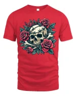 Gothic Skull With Roses Graphic Tee Dark Floral Art Tshirt - red t-shirt on white background