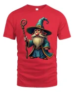 Cute Wizard Gnome Magic Staff Graphic Tee Fantasy Cartoon Tshirt - red t-shirt on white background