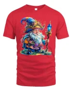 Magical Wizard Gnome Crystal Staff Graphic Tee Fantasy Art Tshirt - red t-shirt on white background