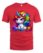 Cute Grumpy Rainbow Unicorn Graphic Tee Colorful Fantasy Tshirt - red t-shirt on white background