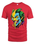 Crazy Grinning Villain Cartoon Face Graphic Tee Bold Color Tshirt - red t-shirt on white background