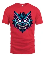 Neon Savage Wolf Demon Face Graphic Tee Electric Style Tshirt - red t-shirt on white background