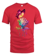 Colorful Butterfly and Melting Rose Art Graphic Tee Dreamy Tshirt - red t-shirt on white background