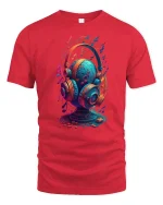 Colorful Music Headphones Art Graphic Tee Rhythm Sound Tshirt - red t-shirt on white background