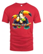 Cute Toucan Family Illustration Graphic Tee Tropical Bird Tshirt - red t-shirt on white background