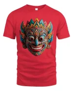 Colorful Tribal Mask Art Graphic Tee Cultural Statement T Shirt - red t-shirt on white background