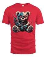 Cyberpunk Robo Teddy Bear Graphic Tee Dark Sci Fi Tshirt - red t-shirt on white background