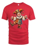 Happy Jester Clown Character Graphic Tee Whimsical Art Tshirt - red t-shirt on white background