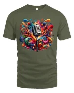 Colorful Music Explosion Microphone Art Graphic Tee Creative Tshirt - military green t-shirt on white background