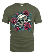 Gothic Skull With Roses Graphic Tee Dark Floral Art Tshirt - military green t-shirt on white background