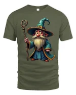 Cute Wizard Gnome Magic Staff Graphic Tee Fantasy Cartoon Tshirt - military green t-shirt on white background