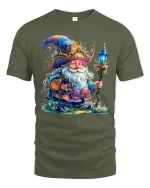 Magical Wizard Gnome Crystal Staff Graphic Tee Fantasy Art Tshirt - military green t-shirt on white background