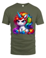 Cute Grumpy Rainbow Unicorn Graphic Tee Colorful Fantasy Tshirt - military green t-shirt on white background