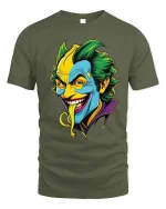 Crazy Grinning Villain Cartoon Face Graphic Tee Bold Color Tshirt - military green t-shirt on white background