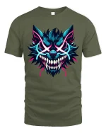 Neon Savage Wolf Demon Face Graphic Tee Electric Style Tshirt - military green t-shirt on white background