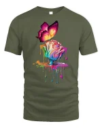 Colorful Butterfly and Melting Rose Art Graphic Tee Dreamy Tshirt - military green t-shirt on white background