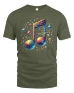 Galaxy Music Note Starry Art Graphic Tee Cosmic Sound Tshirt - military green t-shirt on white background