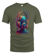 Colorful Music Headphones Art Graphic Tee Rhythm Sound Tshirt - military green t-shirt on white background