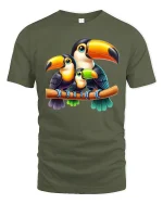 Cute Toucan Family Illustration Graphic Tee Tropical Bird Tshirt - military green t-shirt on white background
