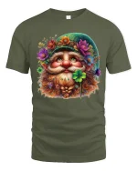 Lucky Irish Gnome Floral Beard Art Graphic Tee Whimsical Tshirt - military green t-shirt on white background