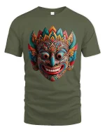 Colorful Tribal Mask Art Graphic Tee Cultural Statement T Shirt - military green t-shirt on white background