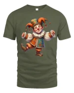Happy Jester Clown Character Graphic Tee Whimsical Art Tshirt - military green t-shirt on white background