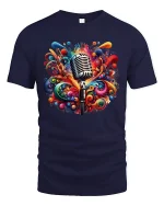 Colorful Music Explosion Microphone Art Graphic Tee Creative Tshirt - navy t-shirt on white background