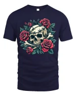 Gothic Skull With Roses Graphic Tee Dark Floral Art Tshirt - navy t-shirt on white background