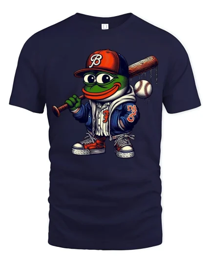 Funny Baseball Frog Graphic Tee Street Style Cartoon Art Tshirt - navy t-shirt on white background