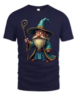 Cute Wizard Gnome Magic Staff Graphic Tee Fantasy Cartoon Tshirt - navy t-shirt on white background