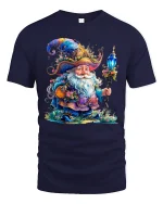 Magical Wizard Gnome Crystal Staff Graphic Tee Fantasy Art Tshirt - navy t-shirt on white background