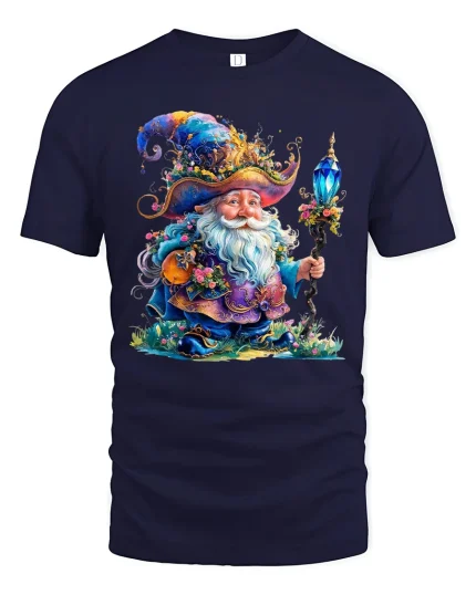 Magical Wizard Gnome Crystal Staff Graphic Tee Fantasy Art Tshirt - navy t-shirt on white background
