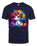 Cute Grumpy Rainbow Unicorn Graphic Tee Colorful Fantasy Tshirt - navy t-shirt on white background