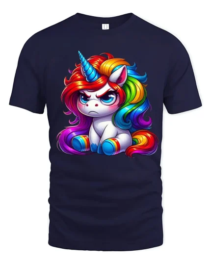 Cute Grumpy Rainbow Unicorn Graphic Tee Colorful Fantasy Tshirt - navy t-shirt on white background