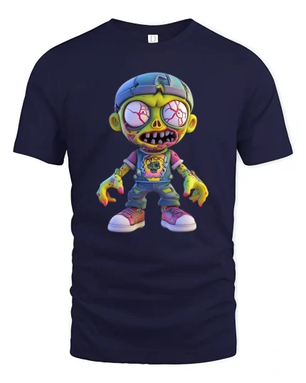Funny Cartoon Zombie Character Graphic Tee Cute Creepy Tshirt - navy t-shirt on white background