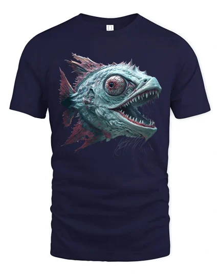 Creepy Deep Sea Monster Fish Graphic Tee Dark Fantasy Tshirt - navy t-shirt on white background