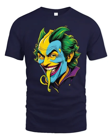 Crazy Grinning Villain Cartoon Face Graphic Tee Bold Color Tshirt - navy t-shirt on white background