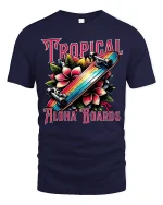 Tropical Aloha Boards Skateboard Floral Graphic Tee Island Style Tshirt - navy t-shirt on white background