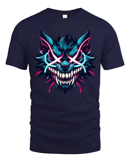 Neon Savage Wolf Demon Face Graphic Tee Electric Style Tshirt - navy t-shirt on white background