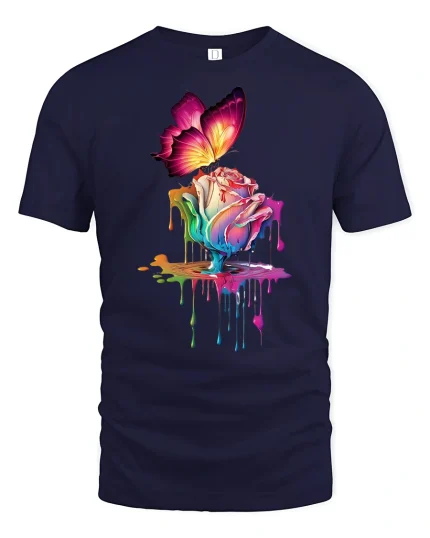 Colorful Butterfly and Melting Rose Art Graphic Tee Dreamy Tshirt - navy t-shirt on white background